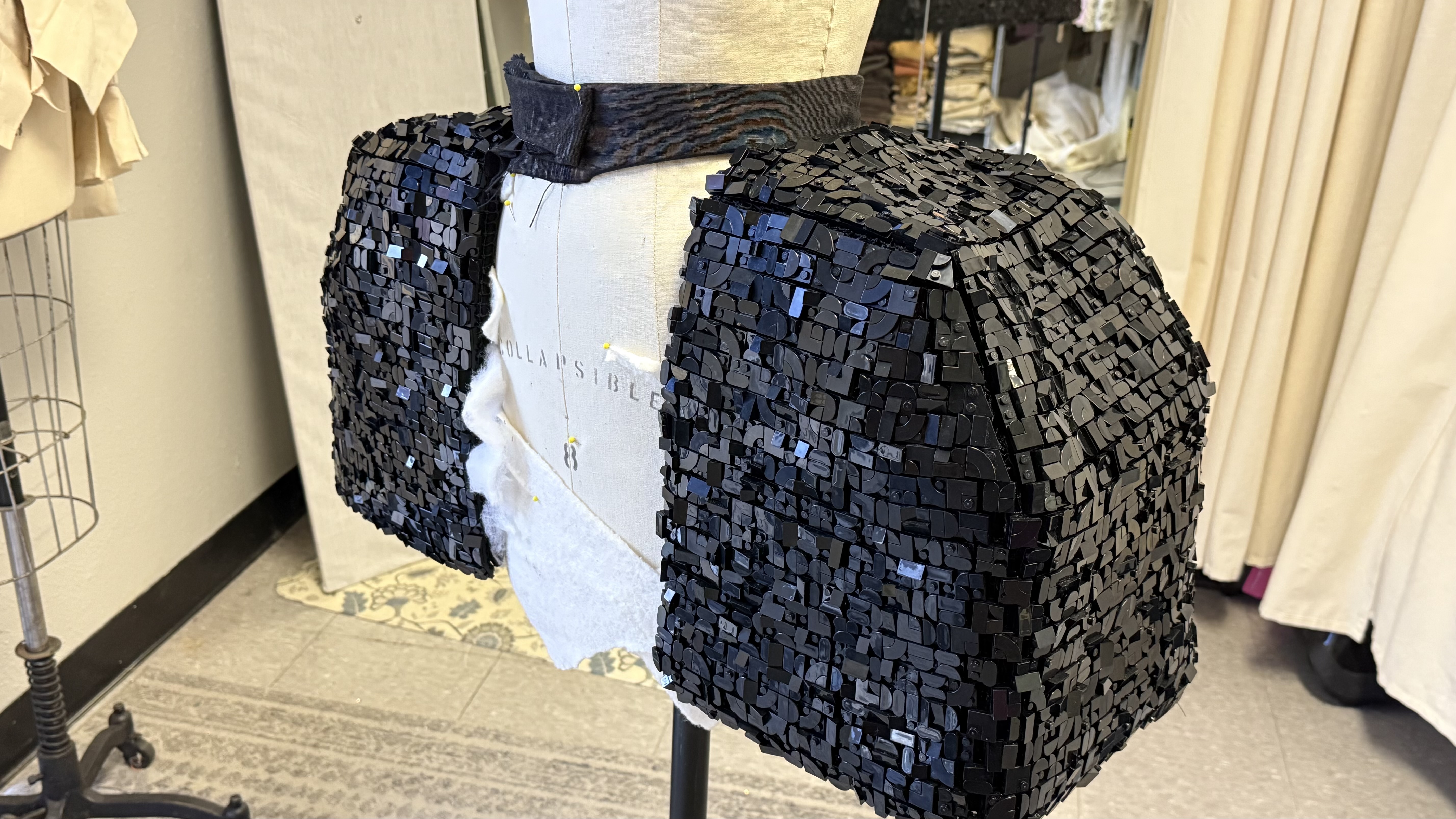 LEGO panier dress on dressform — front view