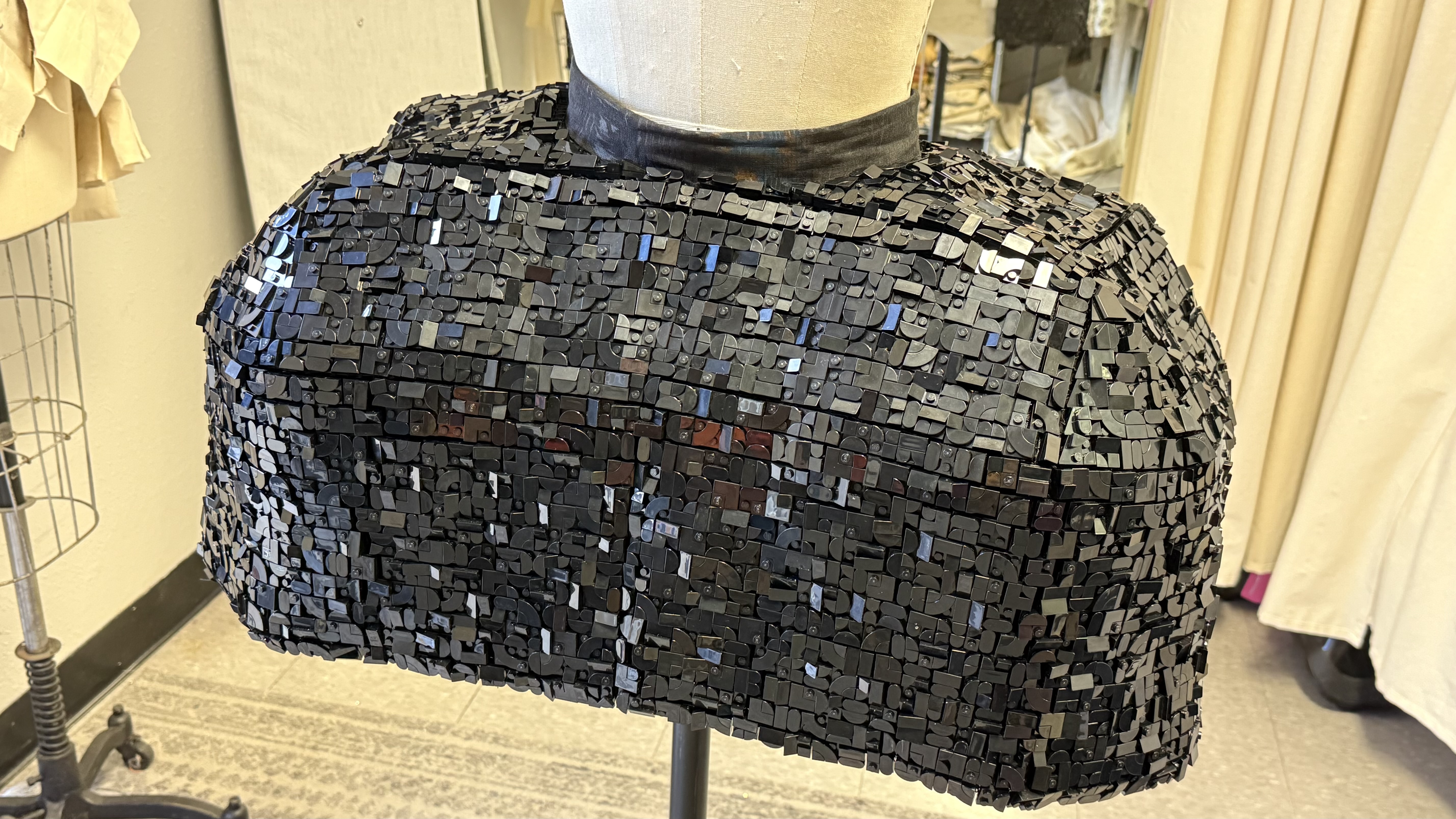 LEGO panier dress on dressform — back view