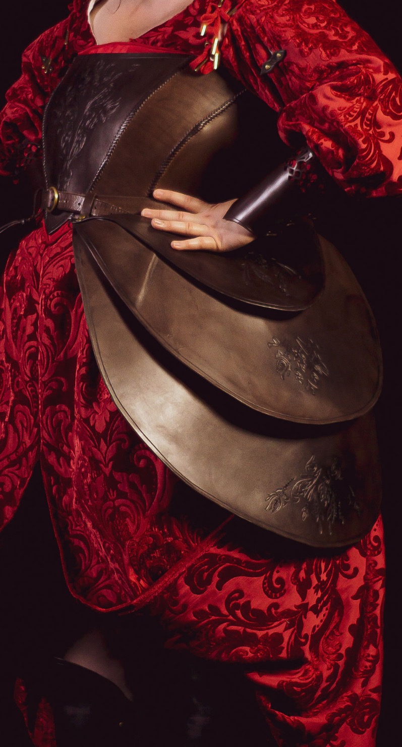 Red gown with leather armor accents